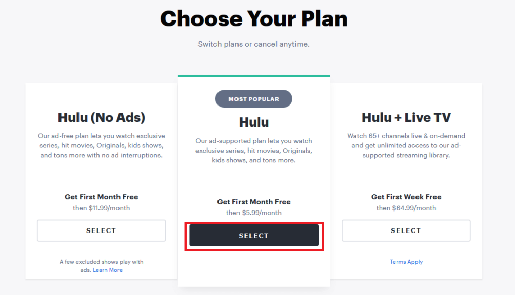 select your hulu plan