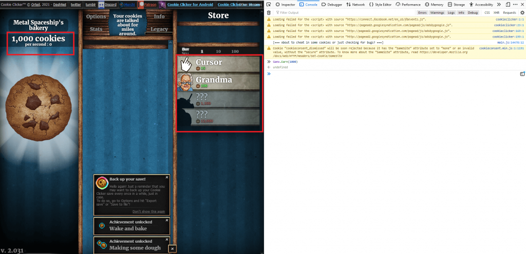 cookie clicker hack result